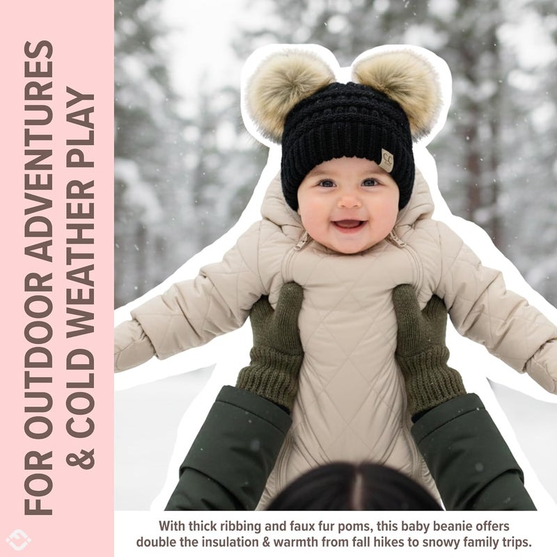 Funky Junque Double Pom Pom Baby Beanie – Newborn Girl Winter Hat 0–12 Months, Cute Cozy Knit Infant Beanies for Cold Weather - Image 3